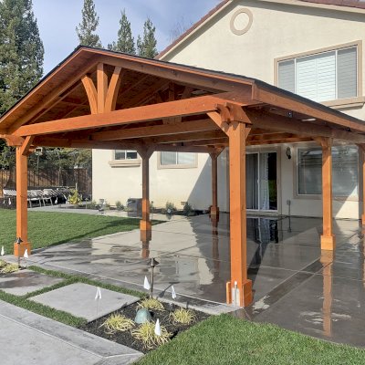 Del Norte Outdoor Kitchen Pavilion (Options: 25' L x 18' W, Douglas-fir, 6-Post Anchor Kit for High-Wind, 2 Ceiling Fan Bases, 2 Electrical Wiring Trim Kits, No Post Decorative Trim, 2 Fascia Boards, Transparent Premium Sealant).