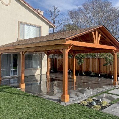 Del Norte Outdoor Kitchen Pavilion (Options: 25' L x 18' W, Douglas-fir, 6-Post Anchor Kit for High-Wind, 2 Ceiling Fan Bases, 2 Electrical Wiring Trim Kits, No Post Decorative Trim, 2 Fascia Boards, Transparent Premium Sealant).