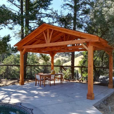 Del Norte Outdoor Kitchen Pavilion (Options: 14' L x 20' W, Douglas-fir, 4-Post Anchor Kit for High-Wind, 1 Ceiling Fan Base, 1 Electrical Wiring Trim Kit, No Post Decorative Trims, Transparent Premium Sealant). Photo Courtesy of R. Jones of Walnut Creek, California.