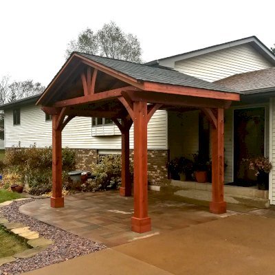 Del Norte Outdoor Kitchen Pavilion (Options: 14' L x 10' W, California Redwood, 4-Post Anchor Kit for High-Wind, 1 Ceiling Fan Base, 1 Electrical Wiring Trim Kit, No Post Decorative Trim, with 8" x 8" Posts by Custom Request, Transparent Premium Sealant).
