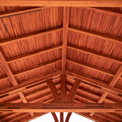 Del Norte Outdoor Kitchen Pavilion (Options: 20' L x 16' W, Mosaic Mature Redwood, No Ceiling Fan Base, No Electrical Wiring Trim Kit, No Post Decorative Trims, Transparent Premium Sealant). 