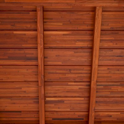 Del Norte Outdoor Kitchen Pavilion (Options: 20' L x 16' W, Mosaic Mature Redwood, No Ceiling Fan Base, No Electrical Wiring Trim Kit, No Post Decorative Trims, Transparent Premium Sealant). 
