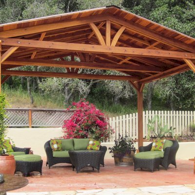 Del Norte Outdoor Kitchen Pavilion (Options: 14' L x 18' W, California Redwood, Unattached, 4-Post Anchor Kit for High-Wind, No Electrical Wiring Trim, 9.5' Posts, No Ceiling Fan Base, No Privacy Panels, No Curtain Rods, Transparent Premium Sealant). Photo Courtesy of Frank Giuliani of Watsonville, CA.