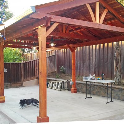 Del Norte Outdoor Kitchen Pavilion (Options: 25' L x 15' W, California Redwood, 6-Post Anchor Kit for Concrete, 2 Ceiling Fan Bases, Transparent Premium Sealant). Photo Courtesy of J. Gil of San Jose, CA. 