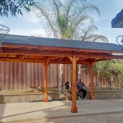 Del Norte Outdoor Kitchen Pavilion (Options: 25' L x 15' W, California Redwood, 6-Post Anchor Kit for Concrete, 2 Ceiling Fan Bases, Transparent Premium Sealant). Photo Courtesy of J. Gil of San Jose, CA. 