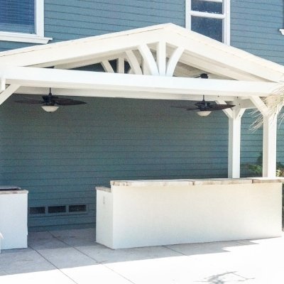 Del Norte Outdoor Kitchen Pavilion (Options: 8'-8 1/4" L x 19'-11 1/4" W, California Redwood, 4-Post Anchor Kit for Concrete, 2 Post Electrical Wiring Trim, 9 ft Post Height, No Privacy Panels, No Curtain Rods, Custom Color).