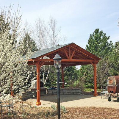 Del Norte Outdoor Kitchen Pavilion (Options: 16' L x 20' W, California Redwood, 4-Post Kit for High-Wind, No Ceiling Fan Base, Transparent Premium Sealant). Photo Courtesy of Mary Ann Kennefick of Barrington Hills, IL.