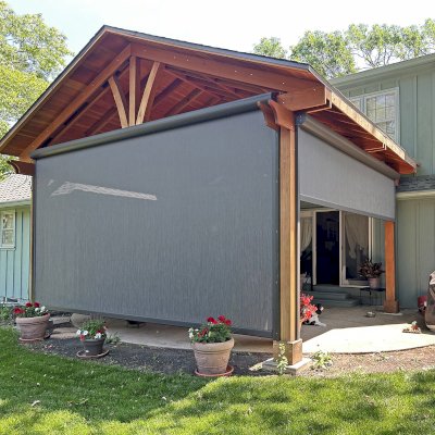 Del Norte Outdoor Kitchen Pavilion (Options: 18' L x 16' W, California Redwood, Transparent Premium Sealant). If you are interested in the custom retractable side shade canopies shown, they can be added to your order upon request.