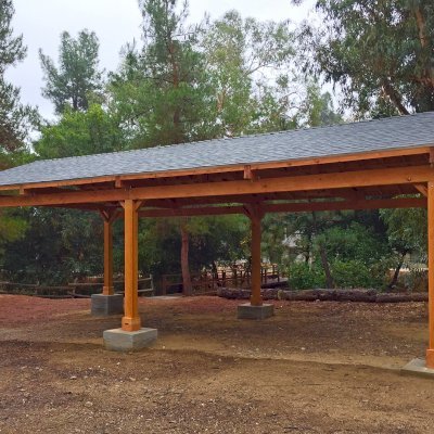 Del Norte Outdoor Kitchen Pavilion (Options: 40' L x 20' W, Douglas-fir, 6-Post Anchor Kit for High-Wind, With 2 Ceiling Fan Base, Electrical Wiring Trim Kit for 1 Post, Transparent Premium Sealant). Installed in Jewish Big Brothers and Sisters Campground in Glendale, CA.