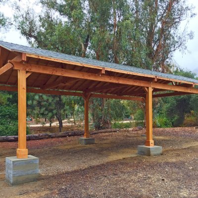 Del Norte Outdoor Kitchen Pavilion (Options: 40' L x 20' W, Douglas-fir, 6-Post Anchor Kit for High-Wind, With 2 Ceiling Fan Base, Electrical Wiring Trim Kit for 1 Post, Transparent Premium Sealant). Installed in Jewish Big Brothers and Sisters Campground in Glendale, CA.