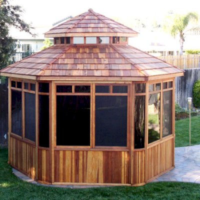 Don's Hexagonal Gazebo Kit (Options: 12' Diameter, California Redwood, 24" Siding Below Windows, Japanese Doors, No Flooring, Shingle Roof, Transparent Premium Sealant).