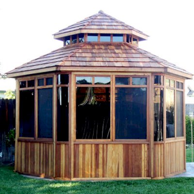 Don's Hexagonal Gazebo Kit (Options: 12' Diameter, California Redwood, 24" Siding Below Windows, Japanese Doors, No Flooring, Shingle Roof, Transparent Premium Sealant).