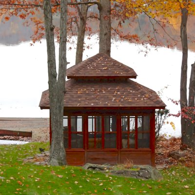 Dream Gazebos (Options: 7ft Wall Height, 10' L, 14' W, Mature Redwood, All Sliding Windows with Screens, Without Skylight, 24" H Siding Below Windows, Horizontal Siding, French Doors, Complete Floor, Set of Shingles, Transparent Premium Sealant). Photo Courtesy of Gail Edelman of Rockaway NJ.