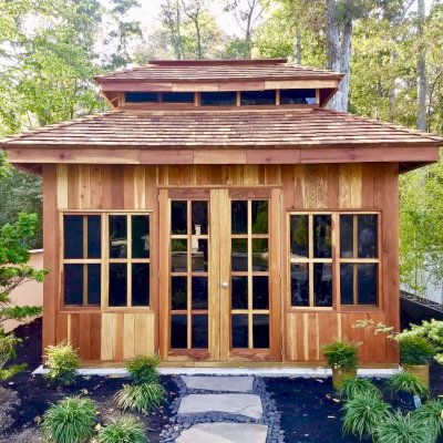 Dream Gazebos (Options: 7ft Wall Height, 14' L, 12' W, California Redwood, All Fixed Windows, All Without Skylight, Vertical Siding, French Doors without Screens, Complete Floor, Set of Shingles, Transparent Premium Sealant). Photo Courtesy of M. Trunk of Monroeville, New Jersey.