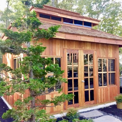 Dream Gazebos (Options: 7ft Wall Height, 14' L, 12' W, California Redwood, All Fixed Windows, All Without Skylight, Vertical Siding, French Doors without Screens, Complete Floor, Set of Shingles, Transparent Premium Sealant). Photo Courtesy of M. Trunk of Monroeville, New Jersey.