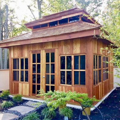 Dream Gazebos (Options: 7ft Wall Height, 14' L, 12' W, California Redwood, All Fixed Windows, All Without Skylight, Vertical Siding, French Doors without Screens, Complete Floor, Set of Shingles, Transparent Premium Sealant). Photo Courtesy of M. Trunk of Monroeville, New Jersey.