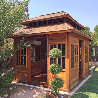 Dream Gazebos (Options: 7ft Wall Height, 10' L, 12' W, California Redwood, All Sliding Windows with Screens, 4' x 4' Skylight, 30" H Siding Below Windows, Horizontal Siding, Japanese Doors, Complete Floor, Set of Shingles, Transparent Premium Sealant). Photo Courtesy of Yvonne Bannister of Morgan Hill, CA