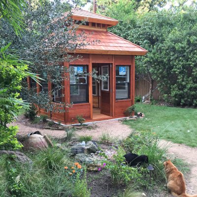 Dream Gazebos (Options: 7ft Wall Height, 10' L, 12' W, Mature Redwood, Double Paned  Glass Windows by Custom Request, Horizontal Siding with Interior Insulation, Custom Doors, Complete Floor, Set of Shingles, Transparent Premium Sealant). Photo Courtesy of D. Belisle of Houston, TX.