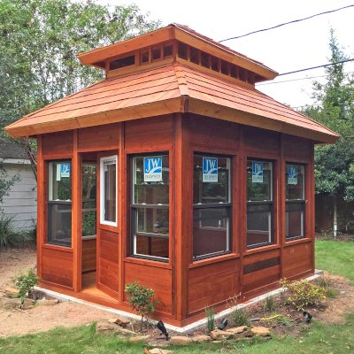 Dream Gazebos (Options: 7ft Wall Height, 10' L, 12' W, Mature Redwood, Double Paned  Glass Windows by Custom Request, Horizontal Siding with Interior Insulation, Custom Doors, Complete Floor, Set of Shingles, Transparent Premium Sealant). Photo Courtesy of D. Belisle of Houston, TX.