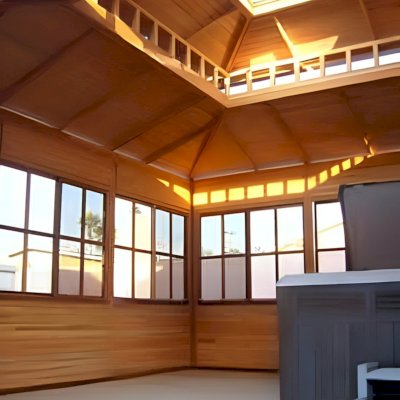 Dream Gazebos (Options: 7ft Wall Height, 16' L x 16' W, Douglas-fir, All Fixed Windows, 4' x 6' Skylight, 24" H Siding Below Windows, Horizontal Siding, Standard Roof, Transparent Premium Sealant). Flooring was shipped unfinished so customer can add his desired floor sealant. Hot tub and steps not included.