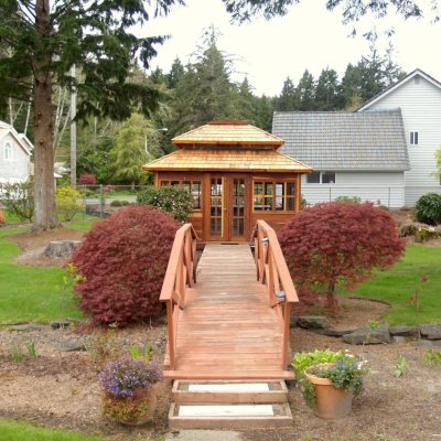 Dream Gazebos (Options: 7ft Wall Height, 14' L, 14' W, California Redwood, All Sliding Windows with Screens, 4' x 4' Skylight, 24" H Siding Below Windows, Horizontal Siding, French Doors, Complete Floor, Set of Shingles, Transparent Premium Sealant). Photo Courtesy of Mr. Randy Frank of Seaside, OR.
