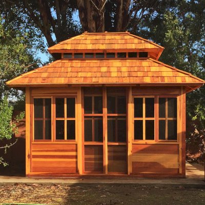 Dream Gazebos (Options: 7ft Wall Height, 12' L, 10' W, California Redwood, All Sliding Windows with Screens, 4' x 4' Skylight, 30" H Siding Below Windows, Horizontal Siding, Japanese Doors, Complete Floor, Set of Shingles, Transparent Premium Sealant). Photo Courtesy of Tina Phi of Palo Alto, CA.