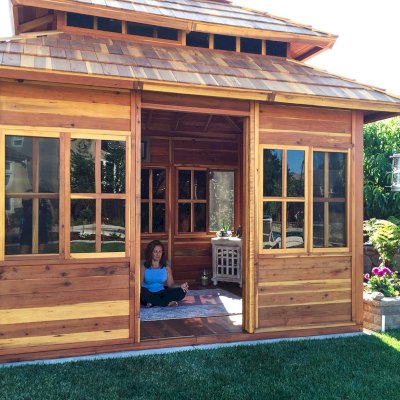 Dream Gazebos (Options: 7ft Wall Height, 10' L, 12' W, California Redwood, All Sliding Windows with Screens, 4' x 4' Skylight, 30" H Siding Below Windows, Horizontal Siding, Japanese Doors, Complete Floor, Set of Shingles, Transparent Premium Sealant). Photo Courtesy of Yvonne Bannister of Morgan Hill, CA