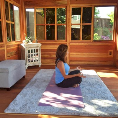 Dream Gazebos (Options: 7ft Wall Height, 10' L, 12' W, California Redwood, All Sliding Windows with Screens, 4' x 4' Skylight, 30" H Siding Below Windows, Horizontal Siding, Japanese Doors, Complete Floor, Set of Shingles, Transparent Premium Sealant). Photo Courtesy of Yvonne Bannister of Morgan Hill, CA.