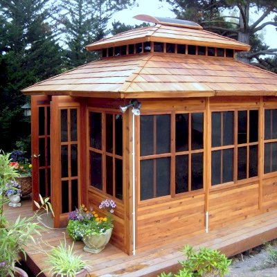 Dream Gazebos (Options: 7ft Wall Height, 14' L, 12' W, Mature Redwood, All Sliding Windows with Screens, 4' x 6' Skylight, 24" H Siding Below Windows, Horizontal Siding, French Doors, Complete Floor, Set of Shingles, Transparent Premium Sealant).