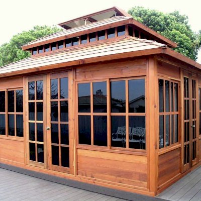 Dream Gazebos (Options: 7ft Wall Height, 16' L, 12' W, Mature Redwood, All Sliding Windows with Screens, 4' x 6' Skylight, 24" H Siding Below Windows, Horizontal Siding, French Doors, Complete Floor, Set of Shingles, Transparent Premium Sealant).