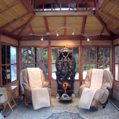 Dream Gazebos as Meditation Hall (Options: 7ft Wall Height, 16' L, 12' W, Mature Redwood, All Sliding Windows with Screens, 4' x 6' Skylight, 24" H Siding Below Windows, Horizontal Siding, French Doors, Complete Floor, Set of Shingles, Transparent Premium Sealant). Wiring/lights and furnishings not included.