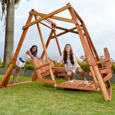 Dustin's Face to Face Gliders (Options: California Redwood, No Roof, Without Beverage Armrest, No Kid's Platform, No Engraving, Transparent Premium Sealant). Photo Courtesy  of Estero Beach Resort, Ensenada, México.