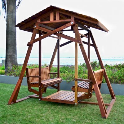 Dustin's Face to Face Gliders (Options: California Redwood, Standard Roof, Without Beverage Armrest, No Kid's Platform, No Engraving, Transparent Premium Sealant). 
