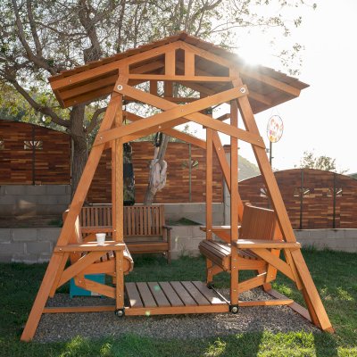 Dustin's Face to Face Gliders (Options: Douglas-fir, XW Roof, With Beverage Armrest, No Kid's Platform, No Engraving, Transparent Premium Sealant).