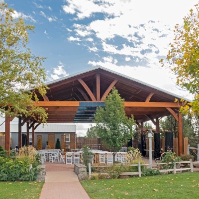 El Paso Wedding Pavilion (Options: 50' L x 45' 6" W, California Redwood, 12' H Posts, 8-Post Anchor Kit for High-Wind, Transparent Premium Sealant). Photo Shows Pavilion Before Custom Panels Installation. Photo Courtesy of T. Bruge of The Skyranch Lodge of Sedona, AZ.