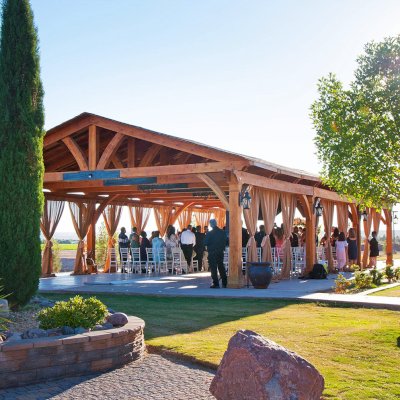El Paso Wedding Pavilion (Options: 60' L x 30' W, Mature Redwood, 8-Post Anchor Kit for High-Wind, Transparent Premium Sealant). Photo Courtesy of Mr. & Ms. Rodriguez of El Paso Grace Gardens, 6701 Westside Dr. El Paso, Texas, 79932. We can build your Pavilion any size you need.