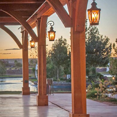 El Paso Wedding Pavilion (Options: 60' L x 30' W, Mature Redwood, 8-Post Anchor Kit for High-Wind, Transparent Premium Sealant). Photo Courtesy of Mr. & Ms. Rodriguez of El Paso Grace Gardens, 6701 Westside Dr. El Paso, Texas, 79932. We can build your Pavilion any size you need.