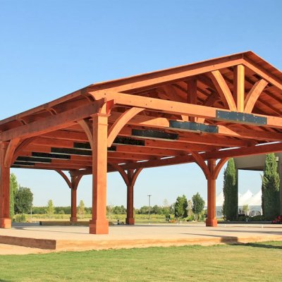 El Paso Wedding Pavilion (Options: 60' L x 30' W, Mature Redwood, 8-Post Anchor Kit for High-Wind, Transparent Premium Sealant). Photo Courtesy of Mr. & Ms. Rodriguez of El Paso Grace Gardens, 6701 Westside Dr. El Paso, Texas, 79932. We can build your Pavilion any size you need.