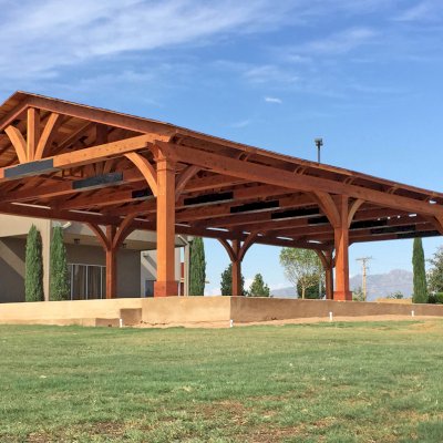 El Paso Wedding Pavilion (Options: 60' L x 30' W, Mature Redwood, 8-Post Anchor Kit for High-Wind, Transparent Premium Sealant). Photo Courtesy of Mr. & Ms. Rodriguez of El Paso Grace Gardens, 6701 Westside Dr. El Paso, Texas, 79932. We can build your Pavilion any size you need.
