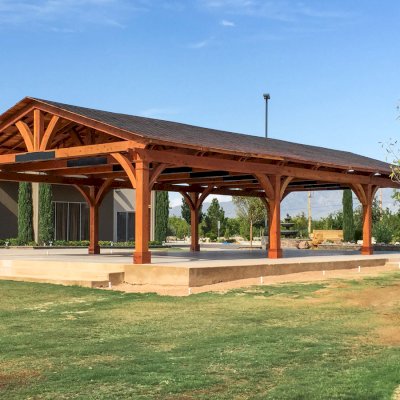 El Paso Wedding Pavilion (Options: 60' L x 30' W, Mature Redwood, 8-Post Anchor Kit for High-Wind, Transparent Premium Sealant). Photo Courtesy of Mr. & Ms. Rodriguez of El Paso Grace Gardens, 6701 Westside Dr. El Paso, Texas, 79932. We can build your Pavilion any size you need.