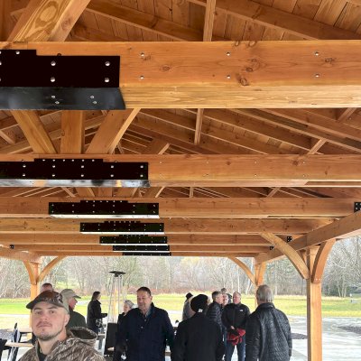 El Paso Wedding Pavilion (Options: 60' L x 30' W, Douglas-Fir, Post Anchor Kit for High-Wind, 10x10 Posts, 10.5' H Posts, Electrical Wiring Trim Kit for 2 Posts, No Ceiling Fan Bases, with Fascia Boards, With Horizontal Post Decorative Trims, Transparent Premium Sealant). Photo Courtesy of M. Flanagan of Norwich, NY.
