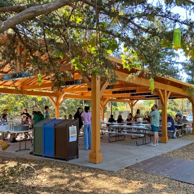 El Paso Wedding Pavilion (Options: 52'-7" x 26'-7", Douglas-Fir, 8-Post Anchor Kit for High-Wind, 8x8 Posts, 10' H Posts, Electrical Wiring Trim Kit for 4 Posts, with Ceiling Fan Base, with Fascia Boards, Transparent Premium Sealant). Photo Courtesy of Jennifer Cooper, Oakland Day School.