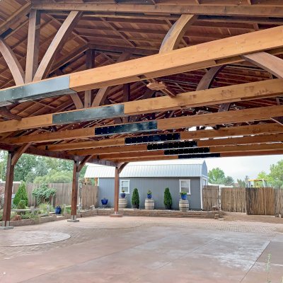 El Paso Wedding Pavilion (Options: 50' L x 45' 6" W, California Redwood, 12' H Posts, 8-Post Anchor Kit for High-Wind, Transparent Premium Sealant). Photo Shows Pavilion Before Custom Panels Installation. Photo Courtesy of T. Bruge of The Skyranch Lodge of Sedona, AZ.