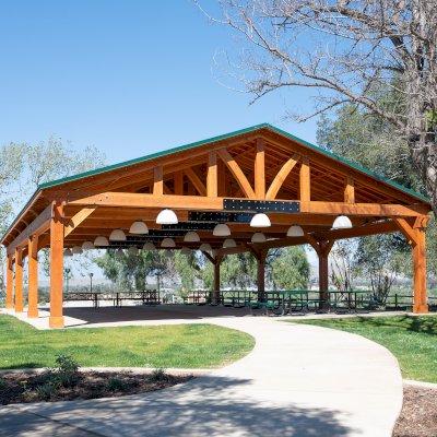 El Paso Wedding Pavilion (Options: 60' L x 40' W, Douglas-fir, Post Anchor Kit for High-Wind, Transparent Premium Sealant). Photo Courtesy of Hidden Valley Nature Center, 11401 Arlington Avenue, Riverside, CA 92505.