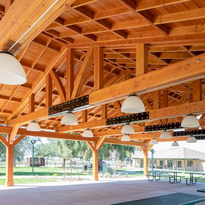 El Paso Wedding Pavilion (Options: 60' L x 40' W, Douglas-fir, Post Anchor Kit for High-Wind, Transparent Premium Sealant). Photo Courtesy of Hidden Valley Nature Center, 11401 Arlington Avenue, Riverside, CA 92505.