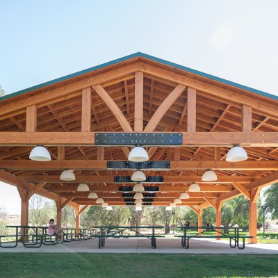 El Paso Wedding Pavilion (Options: 60' L x 40' W, Douglas-fir, Post Anchor Kit for High-Wind, Transparent Premium Sealant). Photo Courtesy of Hidden Valley Nature Center, 11401 Arlington Avenue, Riverside, CA 92505.
