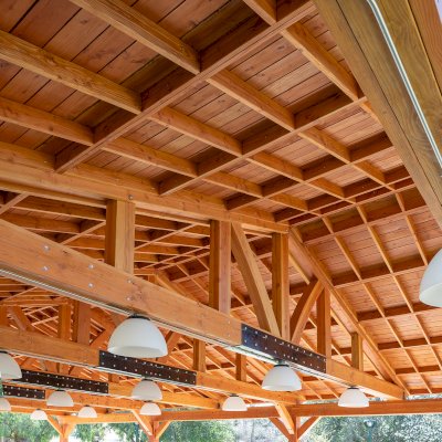 El Paso Wedding Pavilion (Options: 60' L x 40' W, Douglas-fir, Post Anchor Kit for High-Wind, Transparent Premium Sealant). Photo Courtesy of Hidden Valley Nature Center, 11401 Arlington Avenue, Riverside, CA 92505.