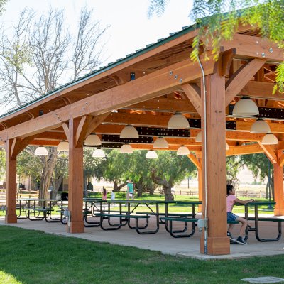 El Paso Wedding Pavilion (Options: 60' L x 40' W, Douglas-fir, Post Anchor Kit for High-Wind, Transparent Premium Sealant). Photo Courtesy of Hidden Valley Nature Center, 11401 Arlington Avenue, Riverside, CA 92505.