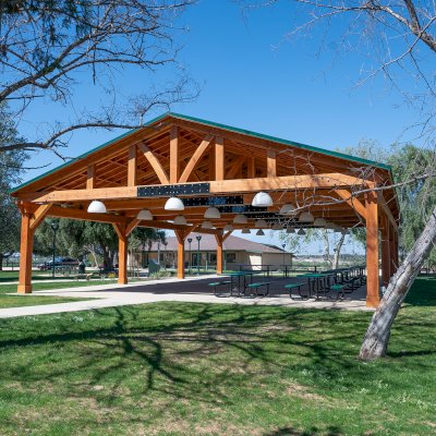 El Paso Wedding Pavilion (Options: 60' L x 40' W, Douglas-fir, Post Anchor Kit for High-Wind, Transparent Premium Sealant). Photo Courtesy of Hidden Valley Nature Center, 11401 Arlington Avenue, Riverside, CA 92505.
