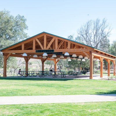 El Paso Wedding Pavilion (Options: 60' L x 40' W, Douglas-fir, Post Anchor Kit for High-Wind, Transparent Premium Sealant). Photo Courtesy of Hidden Valley Nature Center, 11401 Arlington Avenue, Riverside, CA 92505.